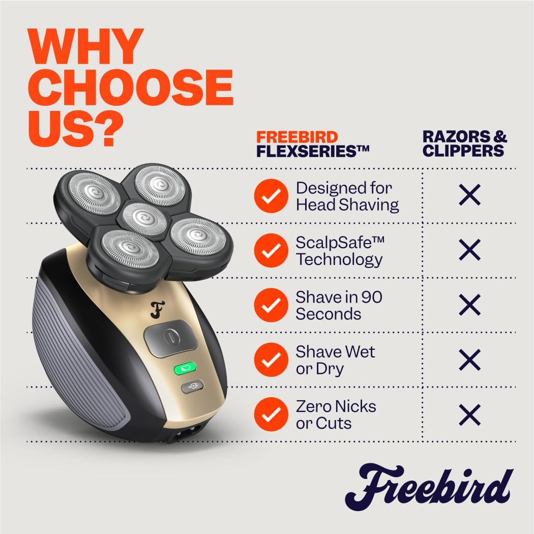 Freebird FlexSeries Head Shaver for Bald Men 5 Blade Electric Razor with ScalpSafe Anti Bump Technology Cordless Wet Dry Shaver Kit Nose Hair Trimmer IPX6