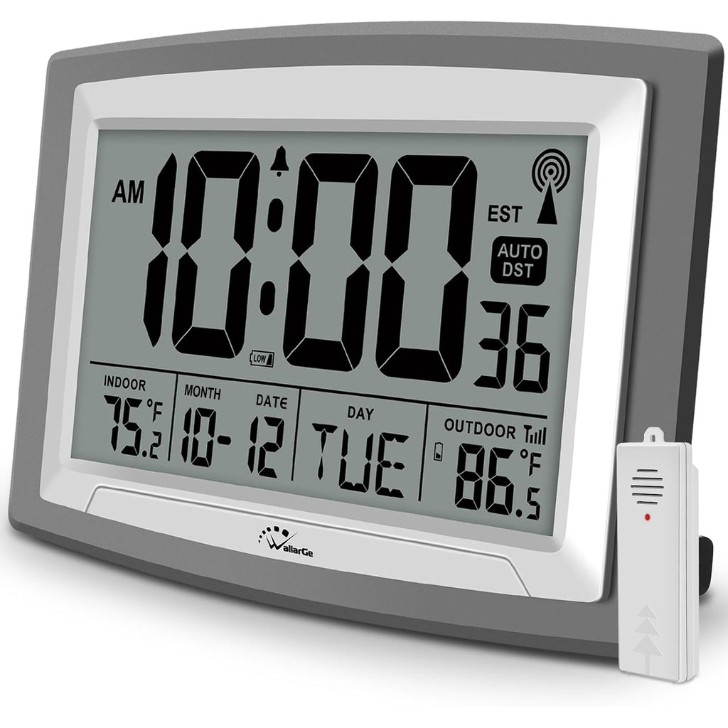 Atomic Clock With Outdoor And Indoor Temperature - 12.5 Inch Self-Setting Digital Clock Large Display, Battery Operated Wall Clocks Or Desk Clocks For Bedroom, Livingroom, Office