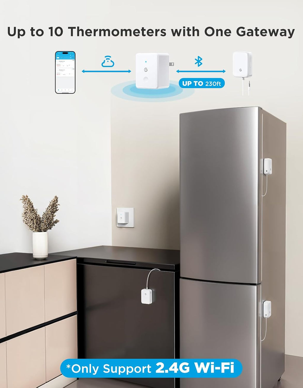 Goveelife Wifi Refrigerator Thermometer Sensor With Alarm, 2-Pack & Gateway | Monitor Fridge/Freezer Temp Remotely With App Alerts & Buzzer 230Ft Range. For Kitchen/Hot Tub, Only Support 2.4G Wi-Fi