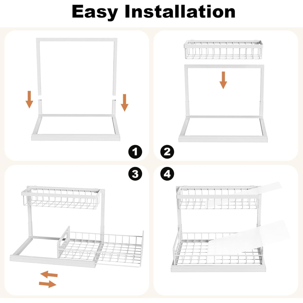REALINN Under Sink Organizer, Pull Out Cabinet Organizer, 2 Tier Metal Slide Out Shelf with L Shaped Design for Kitchen, Bathroom, Laundry, and Utility Cabinet Storage for Deep Cabinets, White, 2 Pack