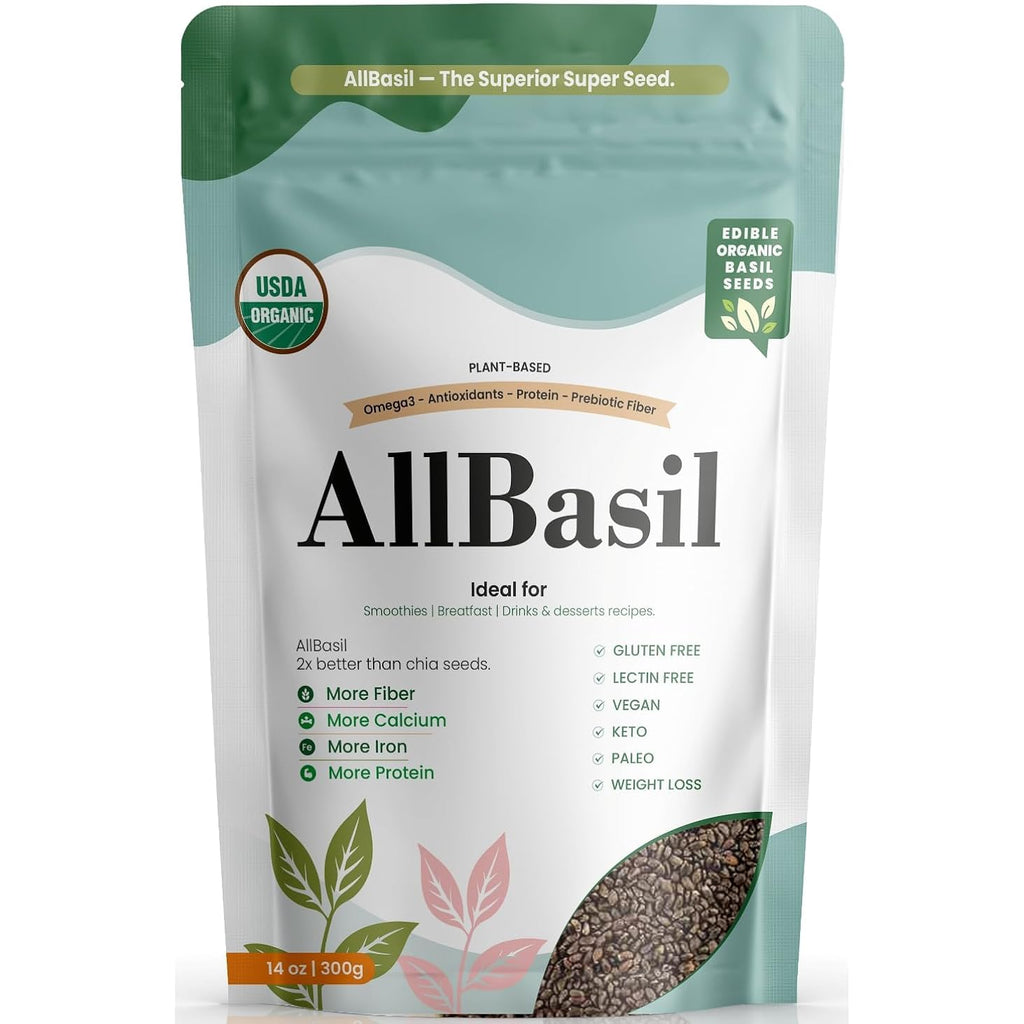 Edible All Basil Seeds 14Oz | Usda Organic, Non-Gmo, Kosher | High Fiber Superfood | Gluten Free, Vegan, Keto, Paleo | Prebiotic | Support Weigth Loss | Ideal For Smoothies, Green Juices & Desserts.