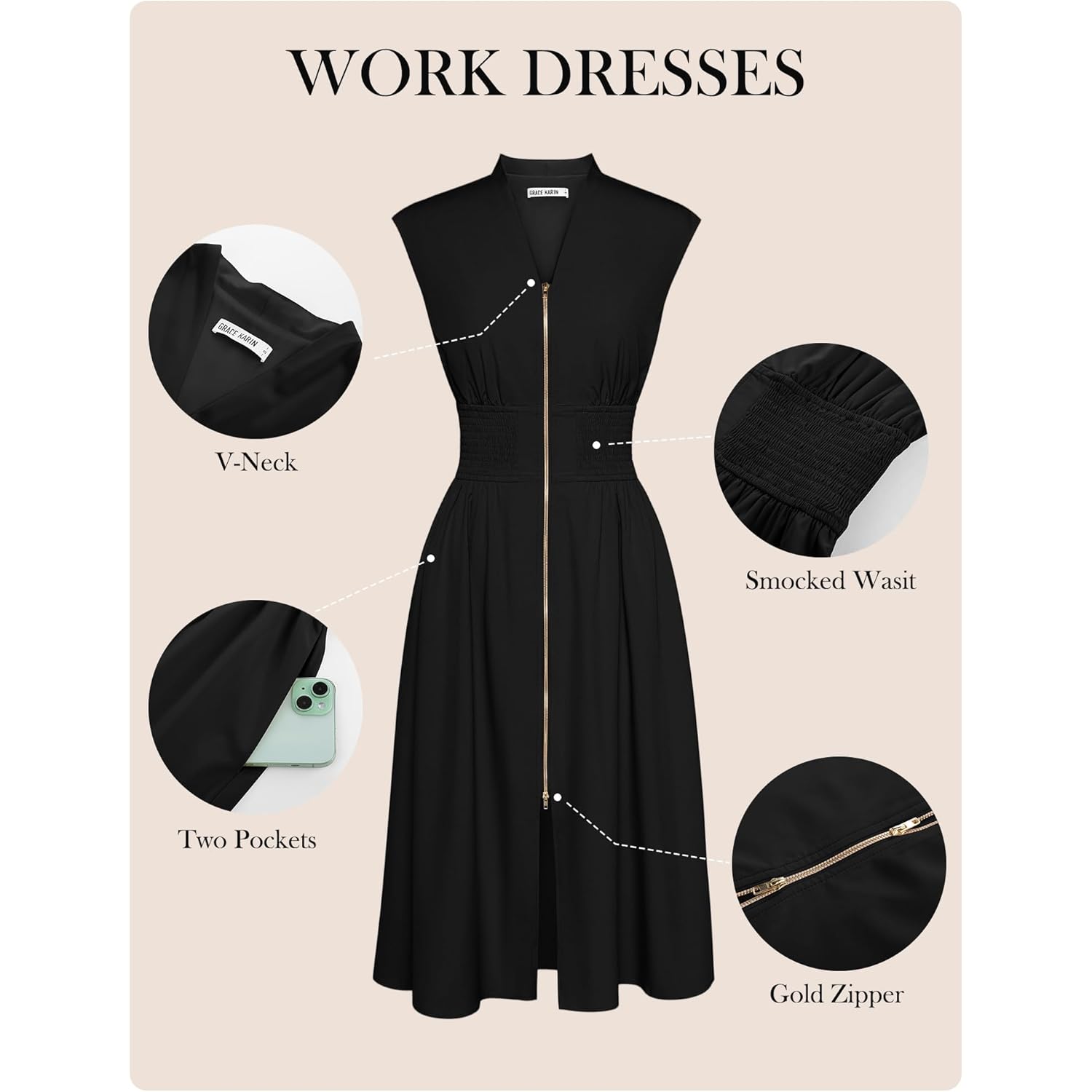 Womens Summer Casual Dress, Business Office Work Dresses, Cap Sleeve Zipper Front Flowy Midi Dress with Pockets