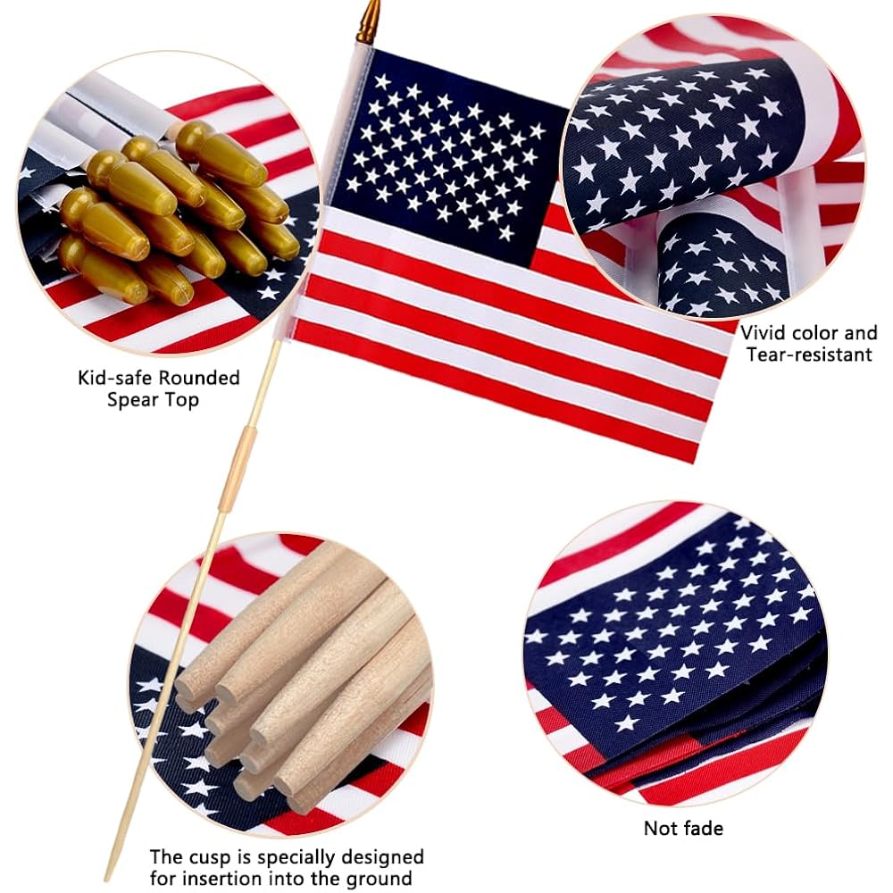 12 Pcs 12X18 Inch American Flags For Outside, 250Th Anniversary Usa Stick Flag With Handheld And Grounded Multi-Purpose Flagpole, Memorial Day, 4Th Of July Decorations, Patriotic Decorations