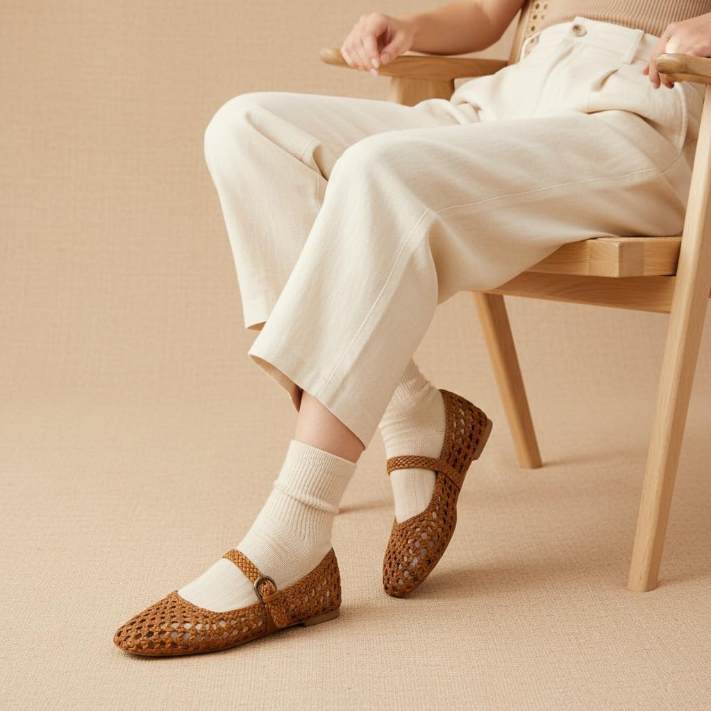 Cushionaire Weston Hand Woven Mary Jane Flats For Women, Comfortable Dressy Ballet Flats With Braided Adjustable Buckle And Memory Foam Cushioning