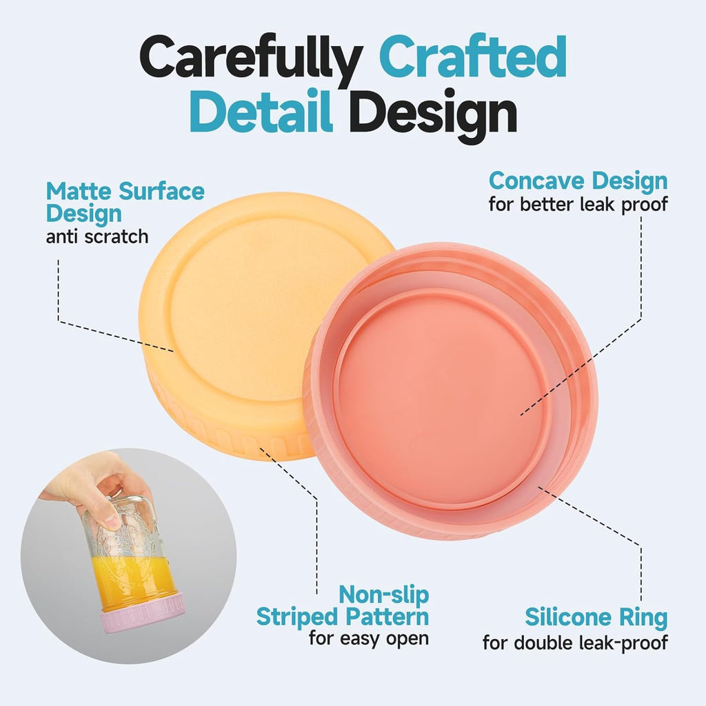 [16 Piece]8 Wide Mouth + 8 Regular Mouth Mason Jar Lids, Multi Color Plastic Lids for Mason Jars with Silicone Rings, Thickened Leak-Proof Canning Lids Regular Wide Mouth
