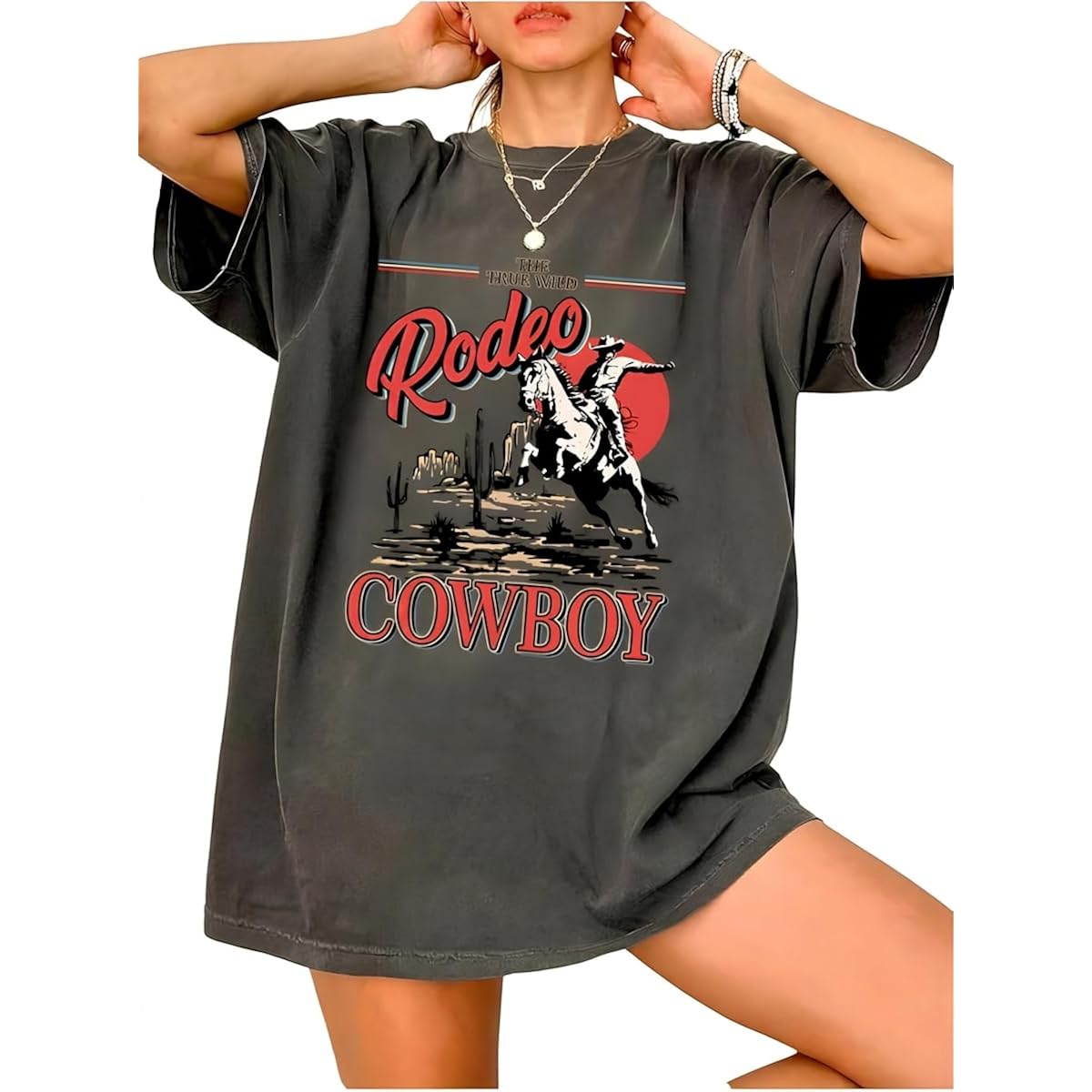 Oversized Western Shirts for Women Cowgirl Rodeo Graphic Tee Top Cowboy Vintage Country Concert Outfit Darkgray