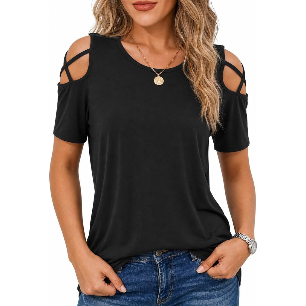 Women's Summer Tops Short Sleeve Cold Shoulder Tops T-Shirts for Women Spring Summer Tops Loose Fit Tunic 2026