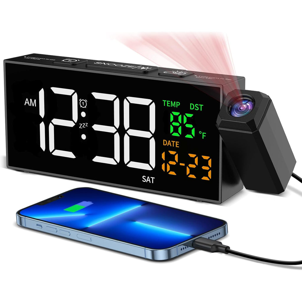 Projection Clock For Bedroom Ceiling, Alarm Clocks With 180° Rotatable Projector, Date Temperature And Weekday, Manual Dst, 5 Brightness, 10 Ringtones, 4 Volumes And Snooze (Black)
