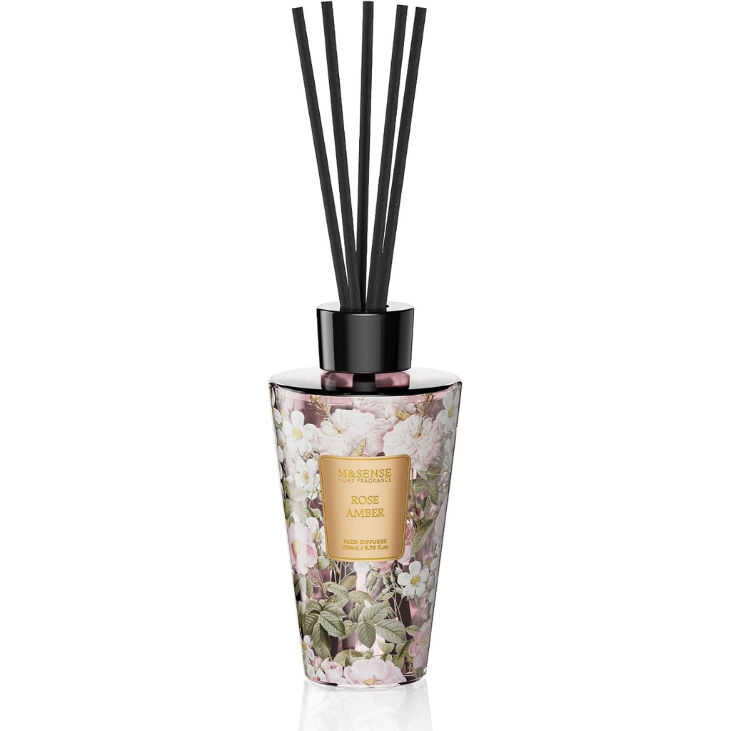 M&Sense Rose Amber Reed Diffuser Set - 8.79Fl Oz Home Fragrance Non-Toxic Essential Oil Diffuser With All Natural Sticks, Air Freshner Gifts For Bathroom Bedroom Office Home Decor