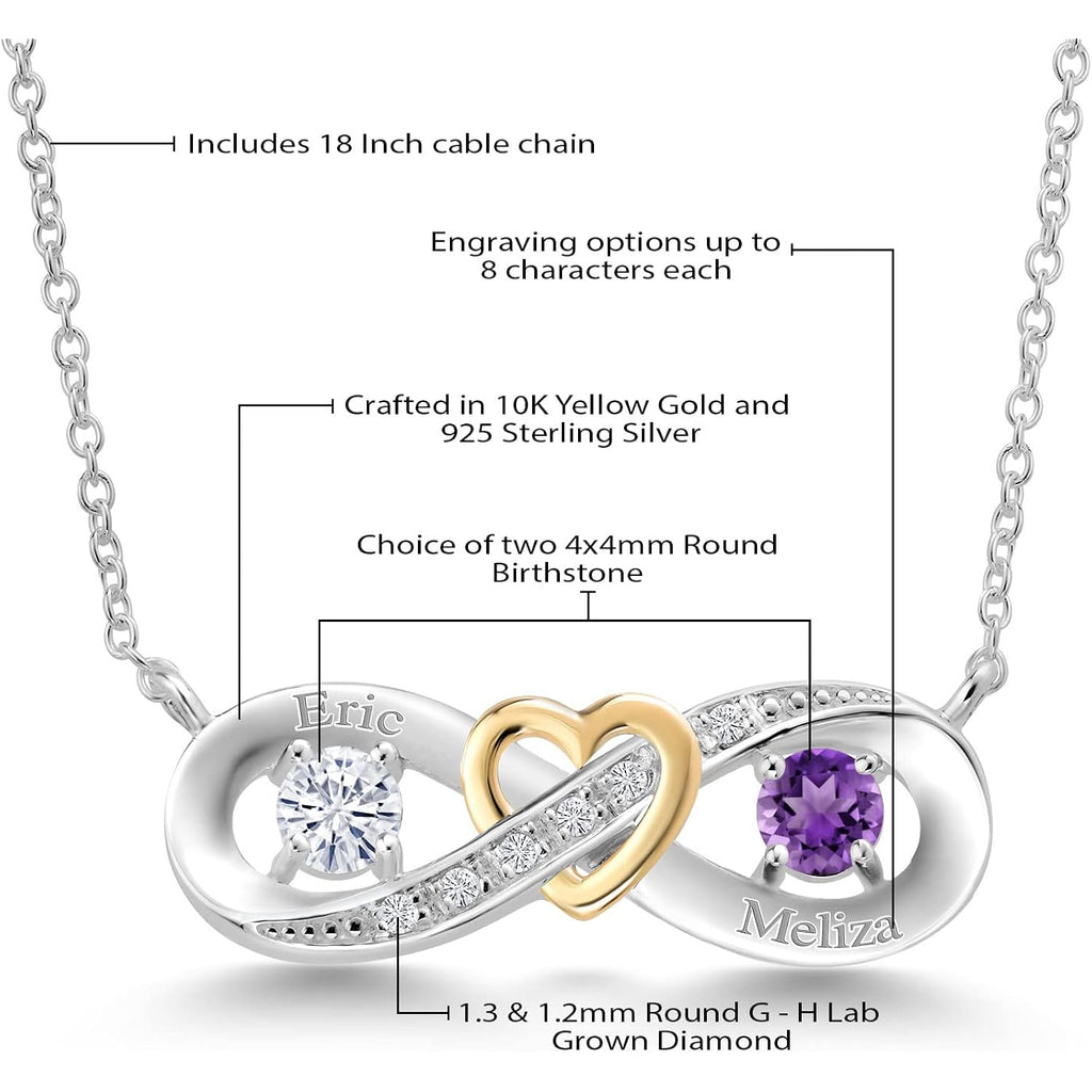 Gem Stone King Customized Personalized Engraved 2-Stone Heart Interlocking Infinity Pendant Necklace For Women | 925 Sterling Silver and 10K Yellow Gold | Gemstone Birthstone and Lab Grown Diamond |