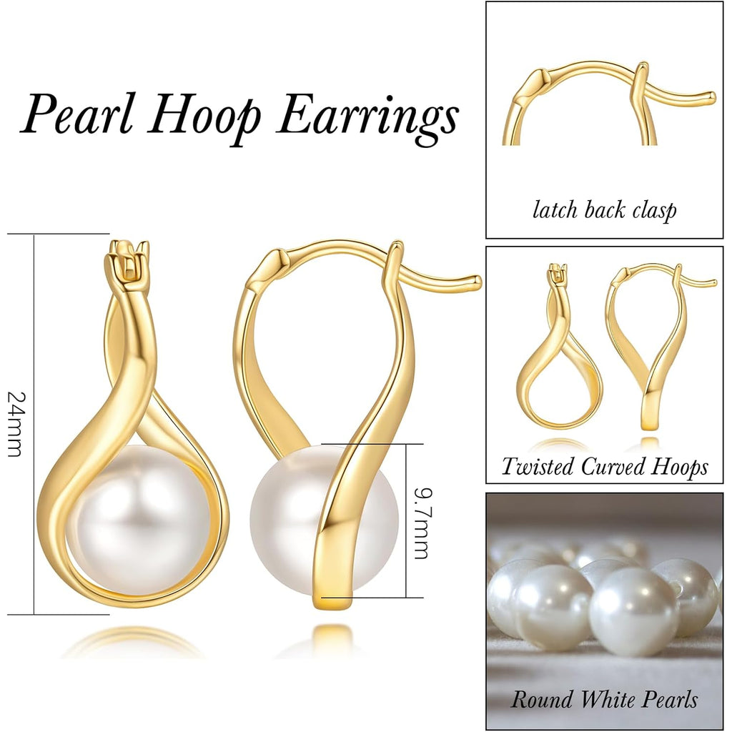 14K Gold Earrings for Women Gold Hoop Earrings Pearl Earrings for Women Hoop Solitaire Teardrop-Shaped with Twisted Lines Eye-catching Pearl Drop Dangle Hoops Earring for Womens 24mm