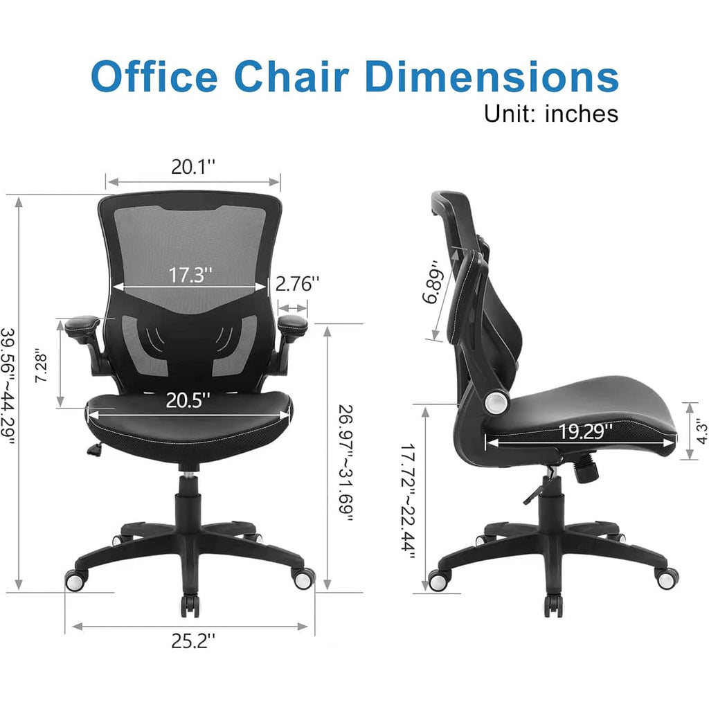Office Chair Ergonomic Desk Chair, Computer PU Leather Home Office Chair, Swivel Mesh Back Adjustable Lumbar Support Flip-up Arms Executive Task Chair