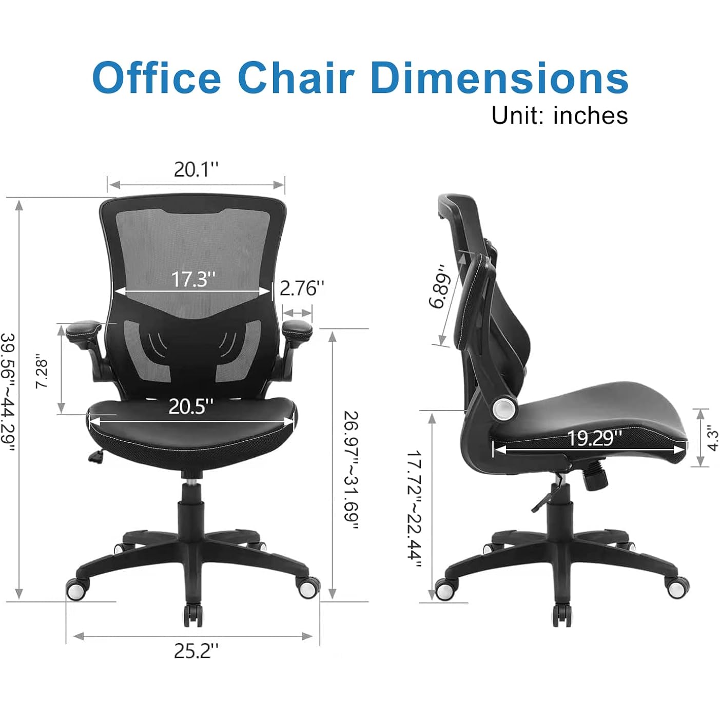 Office Chair Ergonomic Desk Chair, Computer Pu Leather Home Office Chair, Swivel Mesh Back Adjustable Lumbar Support Flip-Up Arms Executive Task Chair