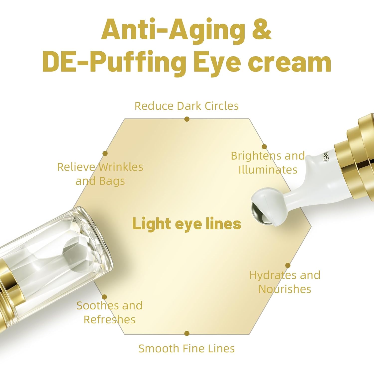 Ujhay 5% Caffeine Eye Cream, Under Eye Serum For Dark Circles, Puffiness & Wrinkles Fine Lines, Eye Roller Serum With 360° Massage Ball, Eye Treatment Balm For Men & Women