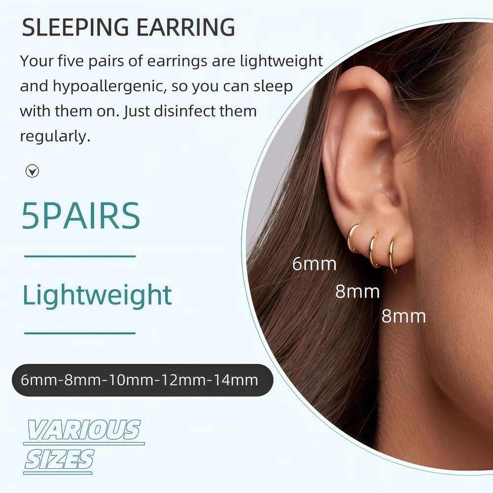 5 Pairs 14K Gold Plated Huggie Hoop Earrings for Women - Lightweight Minimalist Small Hoops, Hypoallergenic Nickel-free Lead-free, Non-Tarnish Everyday Jewelry for Sensitive Ears, Multiple Piercing Stack Set