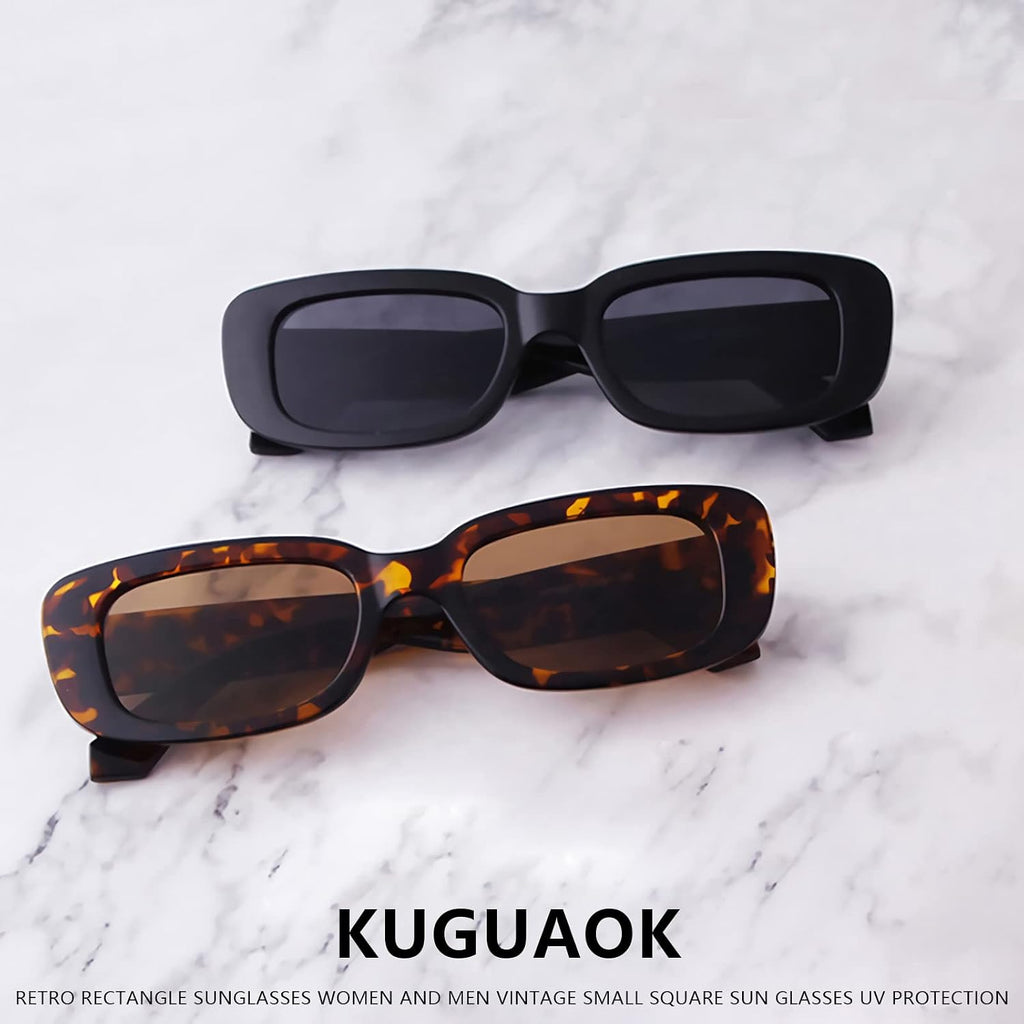 Retro Rectangle Sunglasses Women and Men Vintage Small Square Sun Glasses UV Protection Glasse 2 Pack Black+leopard Frame Full Brown Lens