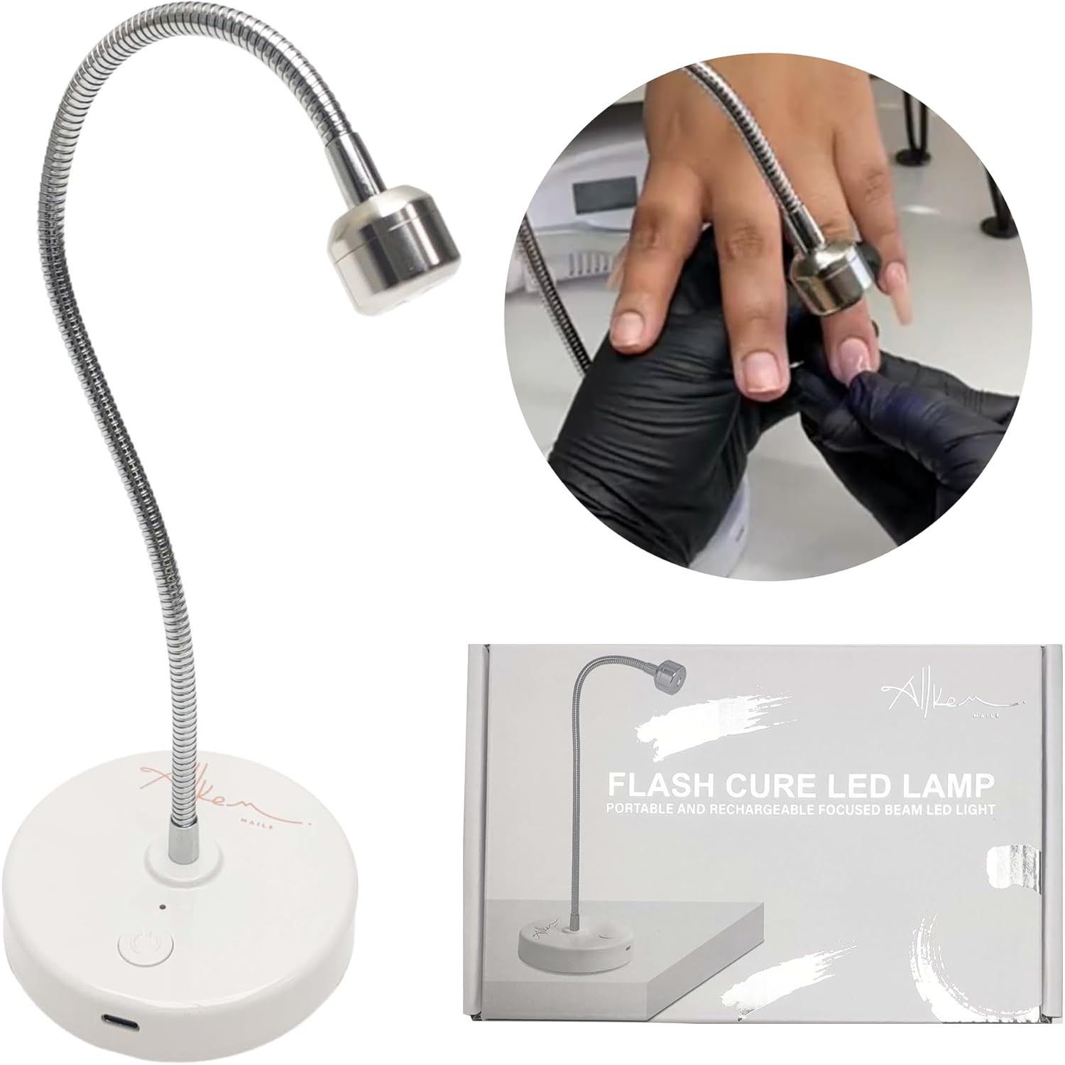 ALLKEM Portable Cordless Gooseneck UV/LED Nail Lamp – Rechargeable Gel X Nail Dryer, Flash Cure Light for Home & Salon use – (USB Powered, 360° Adjustable Gooseneck, 3W) - Silver