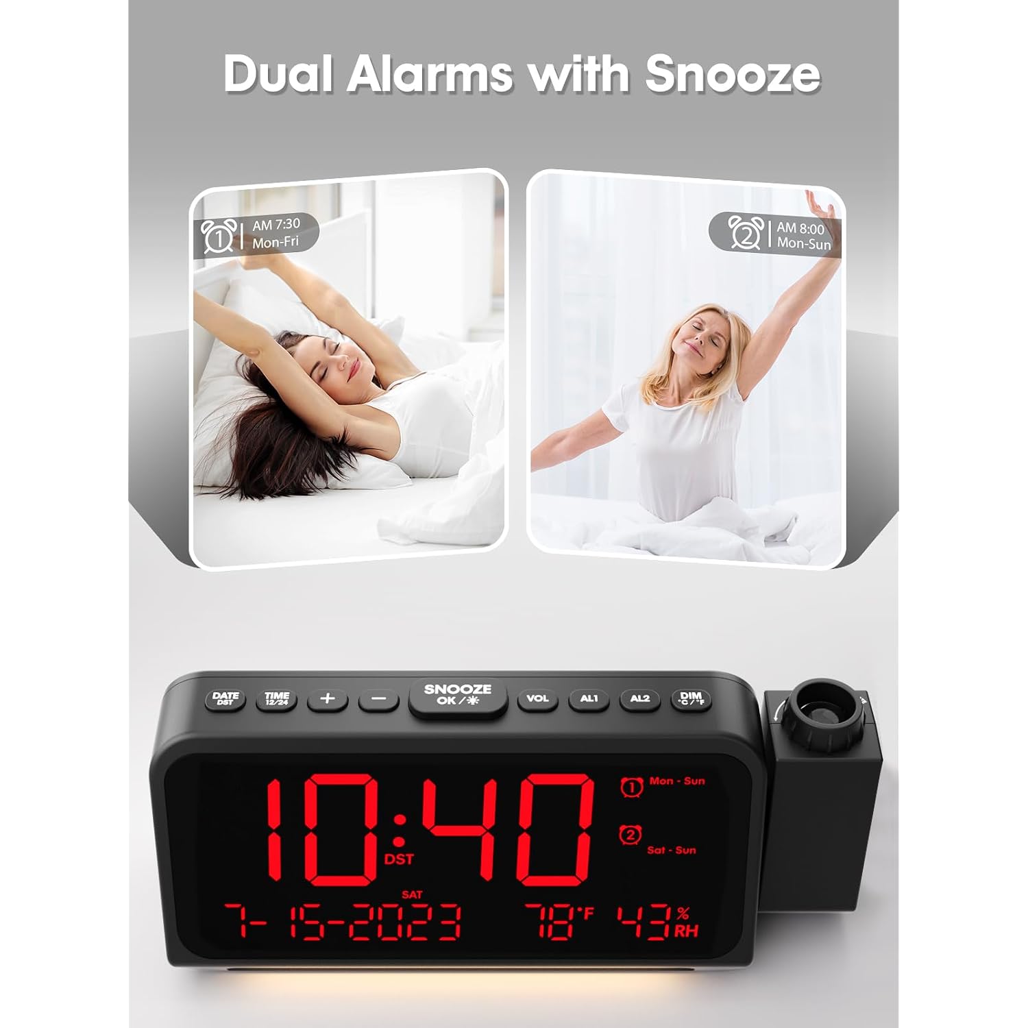 Projection Alarm Clock With 180° Ceiling Projector & Digital Display | 5-Level Dimmer, Dual Alarms, Night Light, Temp & Humidity Display, Weekday/Weekend Mode, Dst, Snooze Function For Bedroom