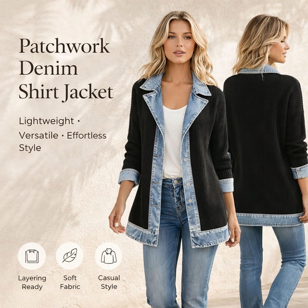 Womens Denim Patchwork Collared Shirt Jacket, Denim Trimmed Sweater Jacket Loose Button Down Long Sleeve Shacket