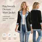 Womens Denim Patchwork Collared Shirt Jacket, Denim Trimmed Sweater Jacket Loose Button Down Long Sleeve Shacket