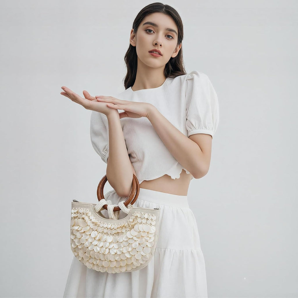 Shell Purse For Women Girls, Seashell Beaded Clutch Bag For Women 2026, Luxury Mother-Of-Pearl Handmade Top Handle Bag Beach Wedding Evening Party Handbag For Summer Resort Vacation
