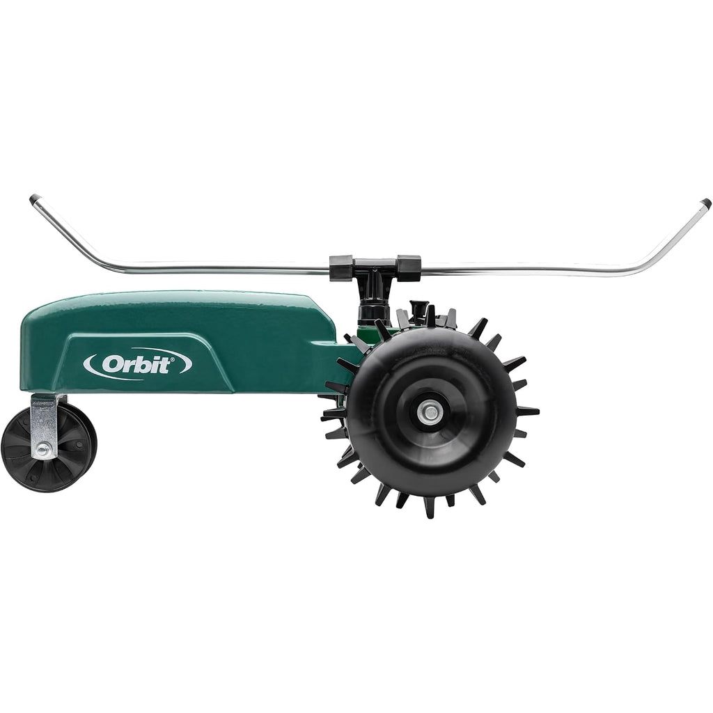 Orbit Traveling Tractor Water Sprinkler - Self-Propelled Traveling Sprinkler For Wide Lawn Coverage - Cast-Iron Body With Adjustable Coverage - Three-Speed - Automatic Shut Off - 58322