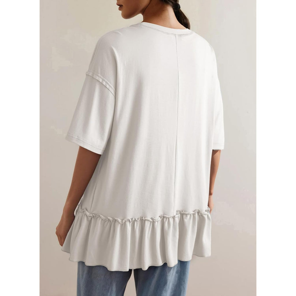 Dokotoo Womens Summer Tops Crewneck Short Sleeve Ruffle Hem Oversized T-Shirts Casual Loose Peplum Babydoll Blouses Shirts