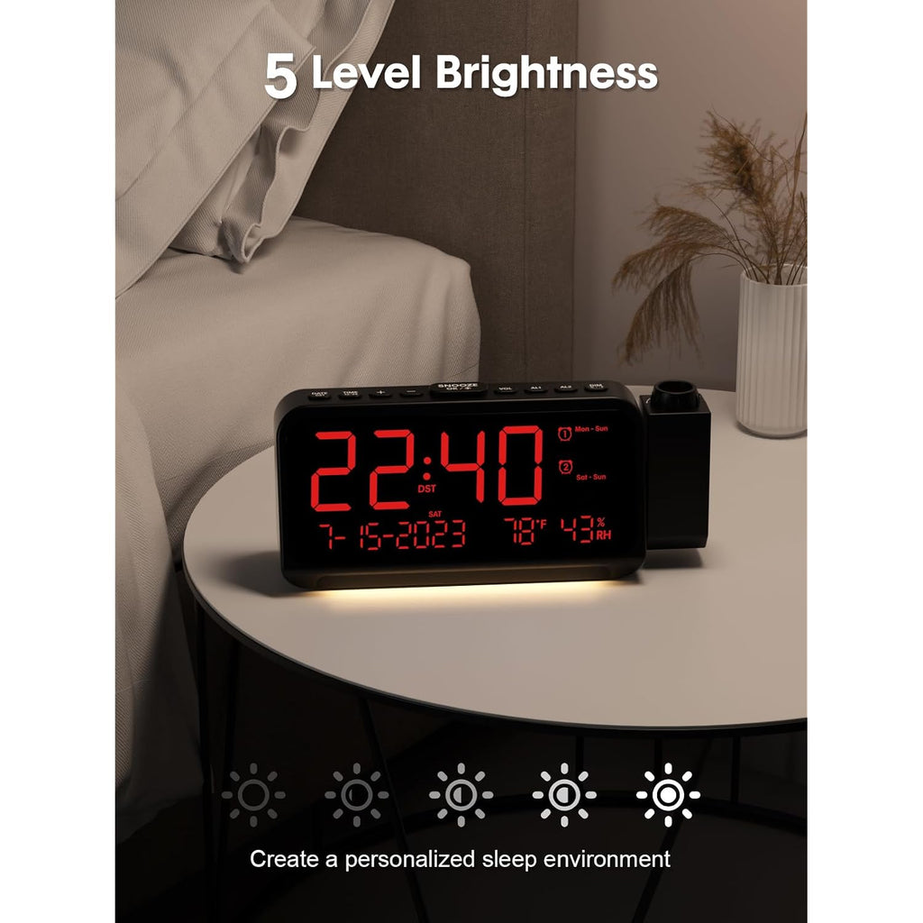 Projection Alarm Clock With 180° Ceiling Projector & Digital Display | 5-Level Dimmer, Dual Alarms, Night Light, Temp & Humidity Display, Weekday/Weekend Mode, Dst, Snooze Function For Bedroom
