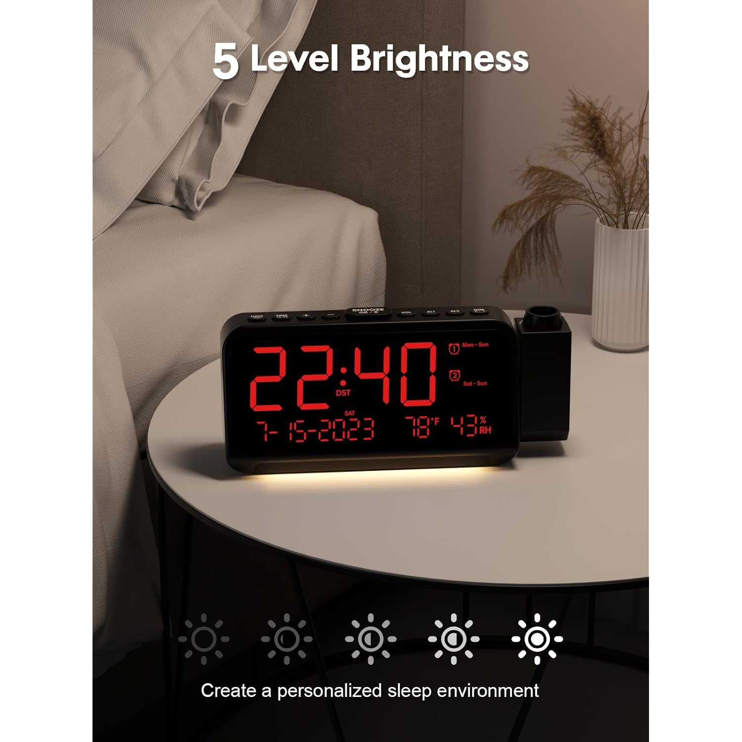 Projection Alarm Clock With 180° Ceiling Projector & Digital Display | 5-Level Dimmer, Dual Alarms, Night Light, Temp & Humidity Display, Weekday/Weekend Mode, Dst, Snooze Function For Bedroom