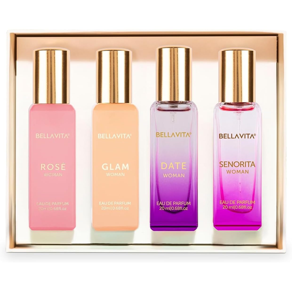 Bellavita Luxury Women's Perfume Gift Set with Rose, Senorita, Date, and Glam | 80ml | Perfume for Women | Pink Pepper, Yuzu, Floral Peach, and African Orange Notes | Long Lasting Women's Fragrance