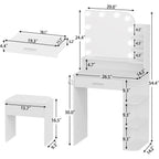 Makeup Vanity With Chair, Small Vanity Desk With Mirror And Lights 3 Colors, Girls Vanity Set With Power Outlet, Compact Vanity Table For Small Space, White