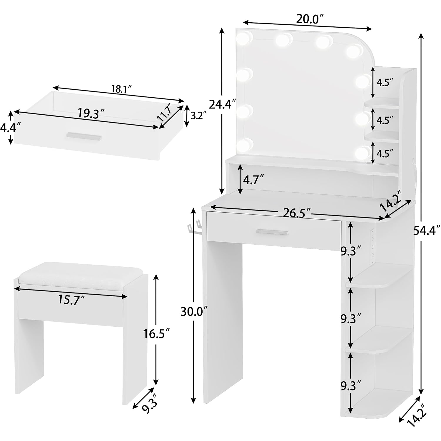 Makeup Vanity With Chair, Small Vanity Desk With Mirror And Lights 3 Colors, Girls Vanity Set With Power Outlet, Compact Vanity Table For Small Space, White