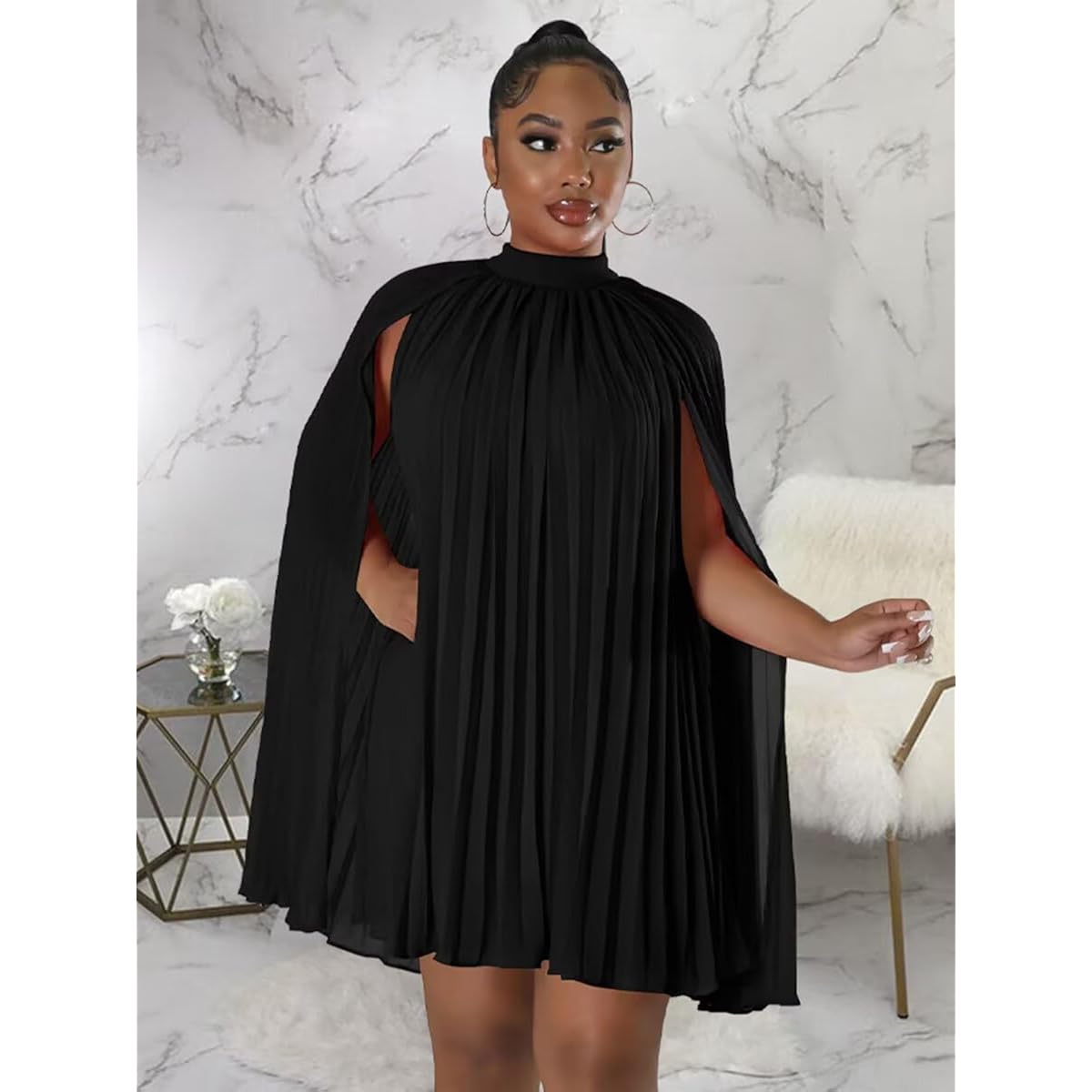 Women’S Casual Cape Sleeve Pleated Split Short Dress Loose Fit Cocktail Party Flowy Dress