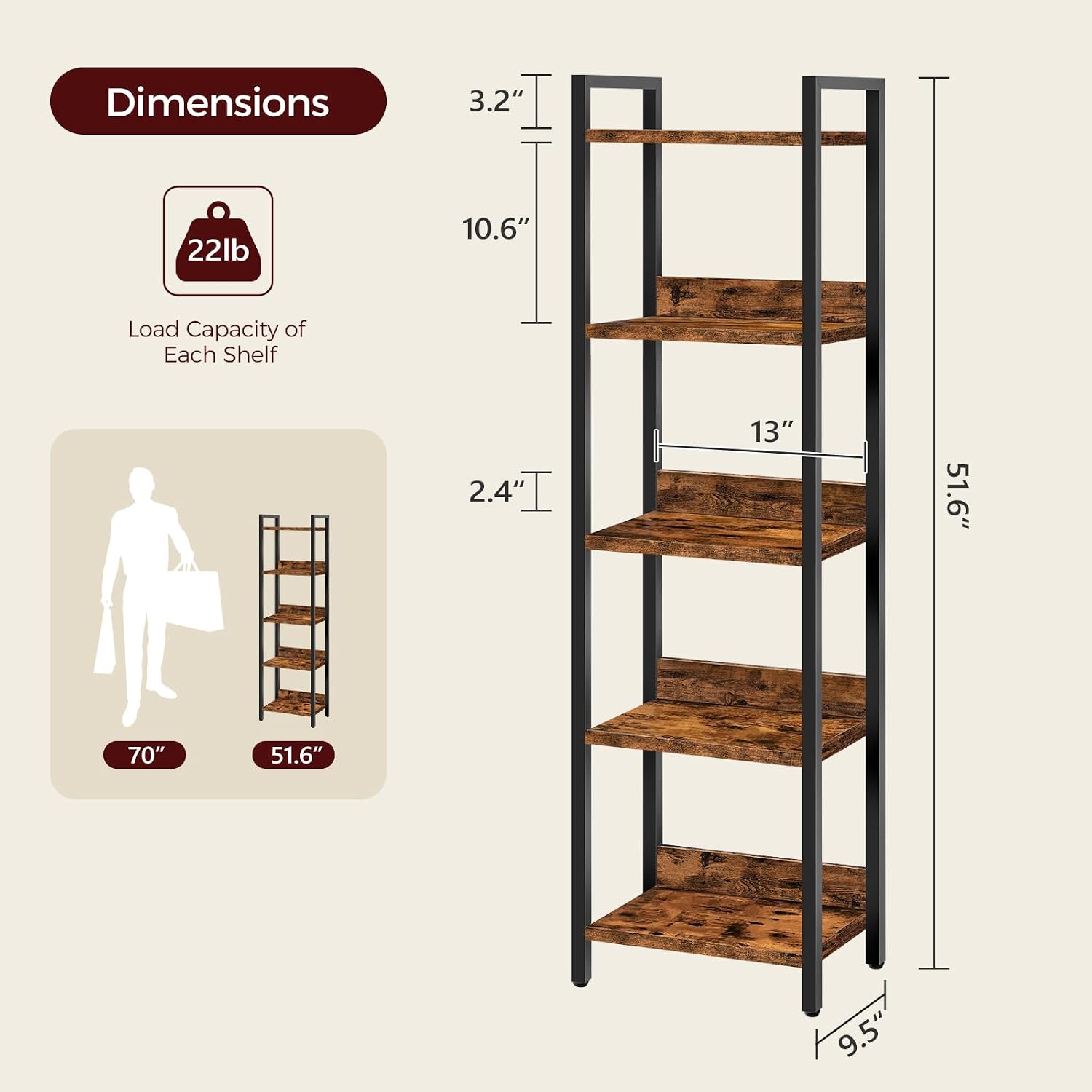 Mahancris Bookshelf, 5-Tier Bookcase, Standing Book Shelf For Small Space, Storage Shelf Organizer, For Living Room, Bedroom, Study, Balcony, Rustic Brown And Black Bkhr5501