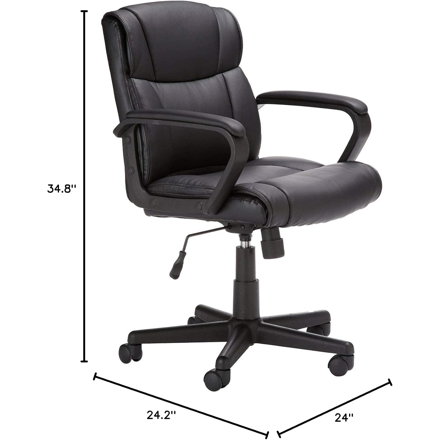 Amazon Basics Office Task Chair With Adjustable Height, 360° Swivel, Padded Armrests, Mid-Back, Rolling, 275 Pound Capacity, 24.2"D X 24"W X 34.8"H, Black Faux Leather