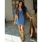 Bisual Womens Denim Dress Bow Tie V Neck Flutter Sleeve Summer Casual Jean Dresses 2026 Western Outfits