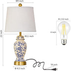 Chinoiserie Ceramic Table Lamps Set Of 2 For Living Room Bedroom Bedside, Traditional Blue Porcelain Classic Table Lamp For Nightstand Entryway, 2 Led Bulbs Included (Gold)