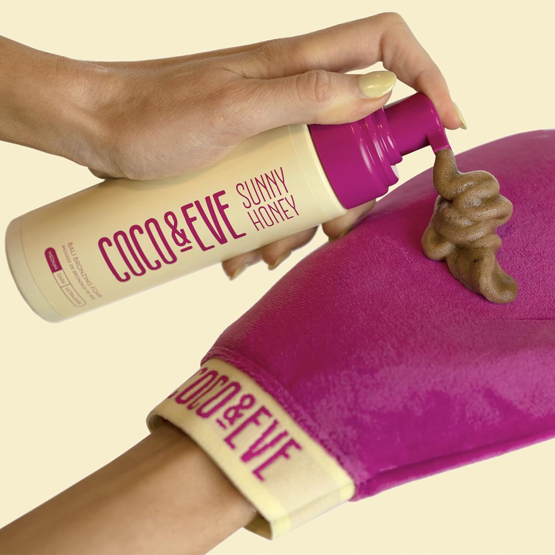 Coco & Eve Self Tanner Foam Kit - (Medium) Streak-Free Sunless Tanning Mousse, Tropically Scented Natural Looking Tan & Included Mitt Applicator, Vegan, Cruelty Free | Sunny Honey Bali Bronzing