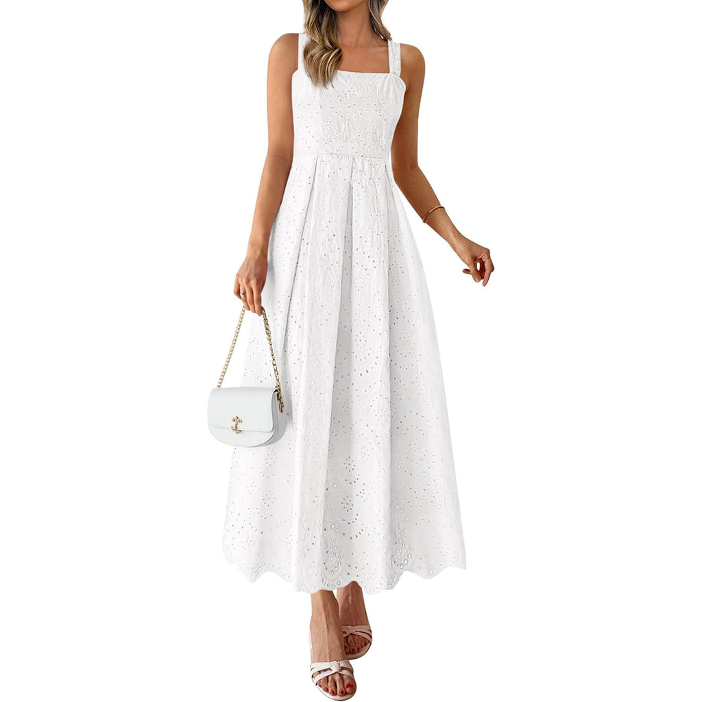 Prettygarden Womens Sleeveless Maxi Summer Dresses 2026 Hollow Out Eyelet Square Neck Ruffle Flowy Beach Vacation Sundress