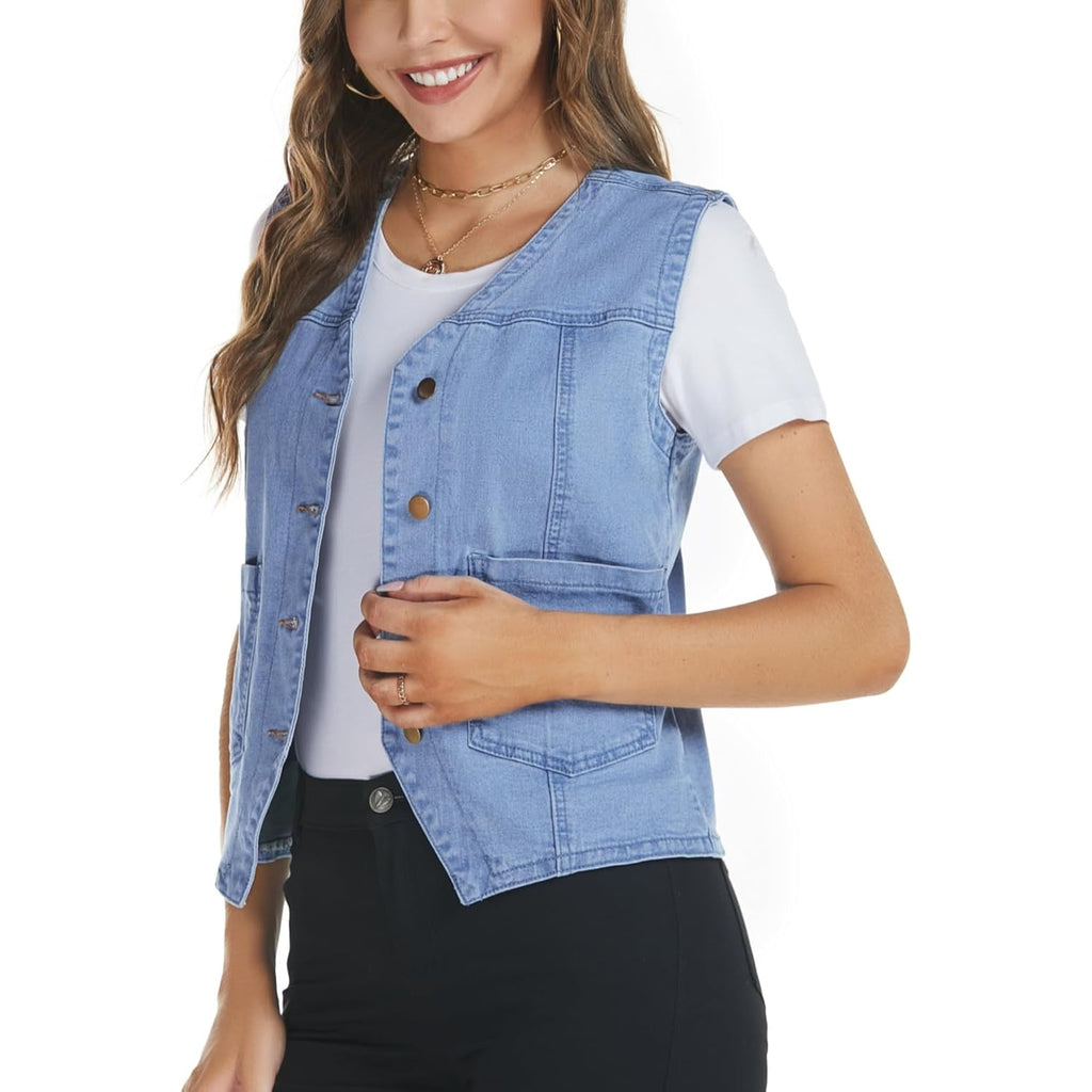 Women'S Sleeveless Denim Vest V Neck Button Down Jean Vest Top Waistcoat Jacket