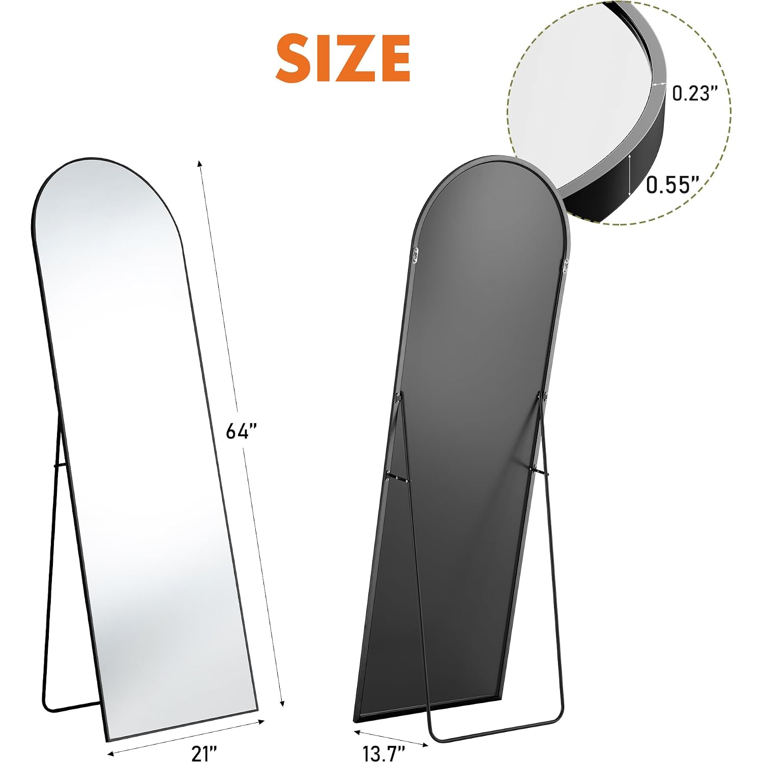 Sweetcrispy 64"X21" Arched Full Length Mirror, Full Body Mirror, Black | Aluminum Alloy Thin Frame, Floor Or Standing, Suitable For Bedroom, Living Room, Cloakroom