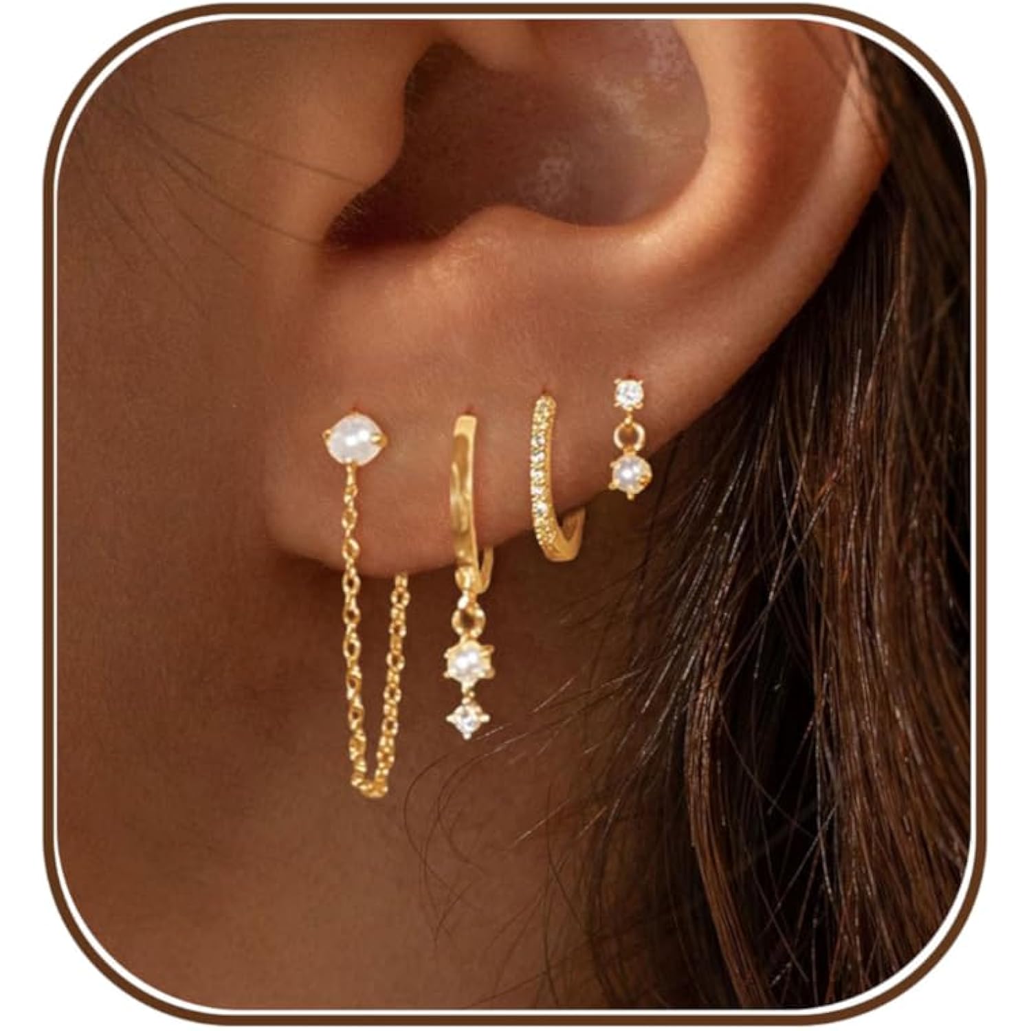 Gold Earrings for Women, 14k Gold Plated Dangle Huggie Earrings for Women Trendy Dainty Gold Hoop Earring Stacks Hypoallergenic Pearl Chain Drop Cartilage Earring Fashion Womens Jewelry