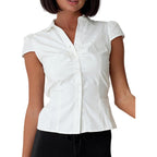 Seyumixi Y2K Button Up Shirt Women Short Sleeve V Neck Cropped Blouse Slim Fitted Collared Top Cute Preppy Coquette Tops
