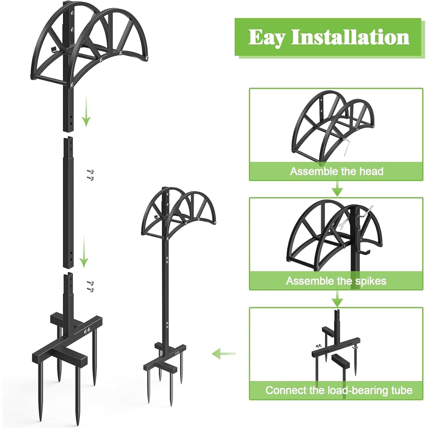 Mr Ironstone Garden Hose Holder Freestanding With 4 Spikes, Upgraded Water Hose Holder With Stainless Steel Screws, Heavy Duty Hose Stand Holds (Black)