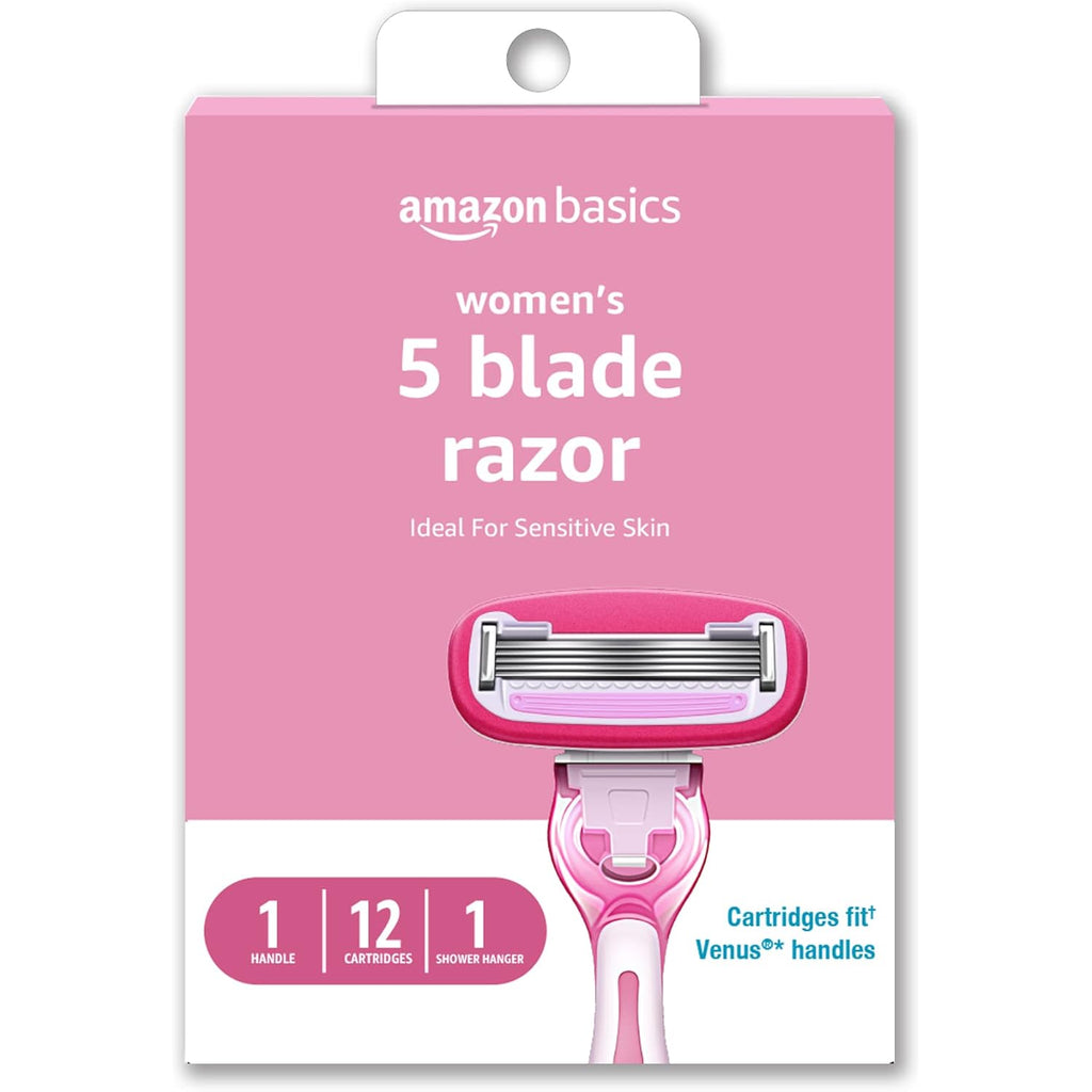 Amazon Basics Women's 5-Blade Razor for Smooth, Close Shave, FITS Amazon Basics Handle and Venus Handles, Ideal for Sensitive Skin, Includes 1 Handle, 12 Cartridges & 1 Shower Holder
