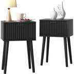 Nightstands Set Of 2, Small Side Table, Bedside Table With Fluted Door, Solid Wood Feet, Modern Mid-Century End Table For Bedroom, Small Space, Black