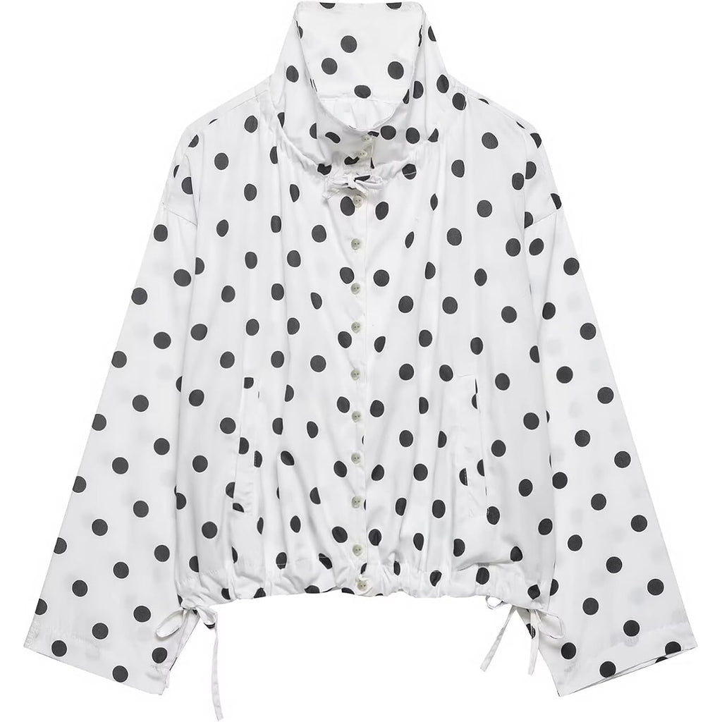 Colorful World Womens Polka Dot Jacket Drawstring Hem Button Front Cropped Lightweight Jacket Relaxed Fit Coat With Pockets