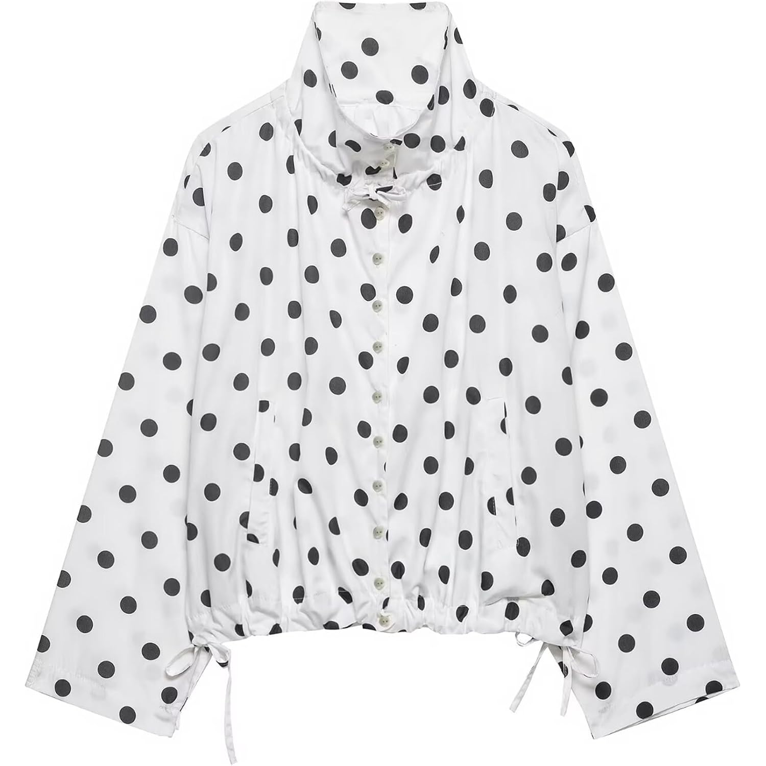 Colorful World Womens Polka Dot Jacket Drawstring Hem Button Front Cropped Lightweight Jacket Relaxed Fit Coat With Pockets