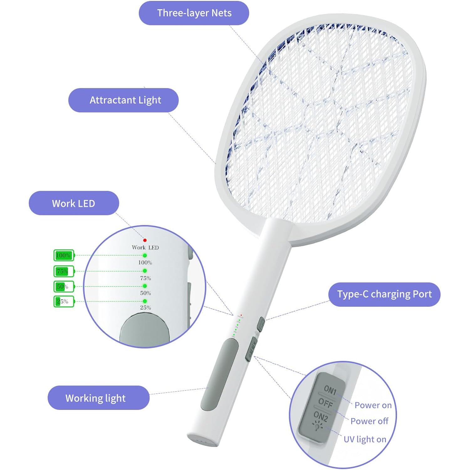 2Pack Electric Fly Swatter,4000V Bug Zapper Racket,2 In 1 Mosquito Zapper Racket With 1200Ml Battery Rechargeable Purple Mosquito Killer Lamp With 3 Layers Safety Net Suitable For Indoor And Outdoor