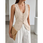 Tankaneo Womens Scoop Neck Blazer Vest Summer Sleeveless Fitted Waistcoat | Work Casual, Cotton Suit Tops, Business Casual Outfits, Button Down, Trendy